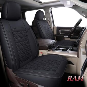 Coverado Car Seat Covers Full Set, Waterproof Dodge RAM Seat Cover Leather Protector Compatible with 2002-2024 RAM 1500 2500 3500 Truck Pickup Crew Quad Cab with Curved Bench,...