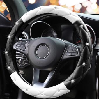 Cute Diamond Soft Leather Anti-Slip Steering Wheel Cover with Bling Bling Crystal Rhinestones, Universal 15 Inch for Women Girls, Fit Vehicles, Sedans, SUVs, Vans, Trucks -...