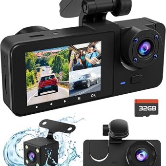 Dash Cam Front and Rear Inside, 4K Full UHD Dash Camera for Cars, 3 Channel Car Camera Built-in 32GB Card, WDR, G-Sensor, Loop Recording,2.0'' IPS HD Screen,Accident Lock, 24H...