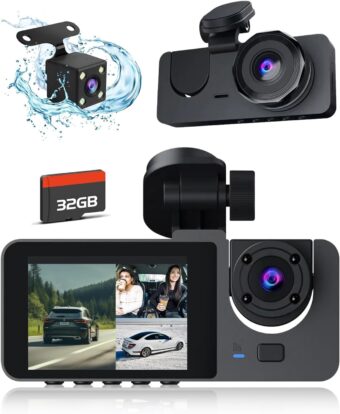 Dash Cam Front and Rear Inside,8K Full UHD Dash Camera for Cars,3 Channel Car Camera Built-in 32GB Card,WDR,G-Sensor, Loop Recording,2.0''IPS HD Screen,24H Parking...