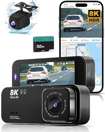 Dash Cam Front and Rear,Ultra HD 8K Dash Camera for Cars, Dash cam with Night Vision,Built-in Wi-Fi & GPS,3.16”IPS Screen,170°Wide Angle,WDR,Free 32GB Card,24Hrs Parking Mode