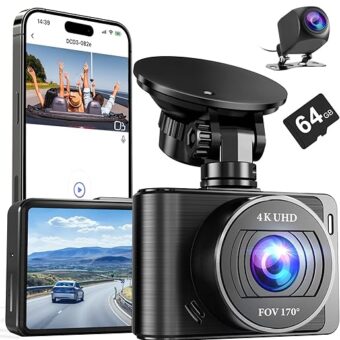 Dash Camera, 4K/1080p Dash Cam Front Rear Built-in WiFi, with 64GB SD Card, Full HD 2.0” IPS Screen Dash Camera for Cars with App Control, G-Sensor, Loop Recording, Parking Mode