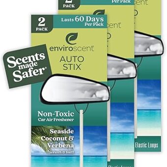 Enviroscent Non-Toxic Car Air Freshener (Seaside Coconut & Verbena) Natural Car Air Freshener | Essential Oil Diffuser | Car Scent Lasting Over 180 Days | 3 Packs of 2 Hanging...