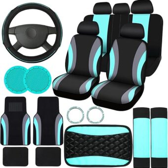 Fabbay 21 Pcs Car Seat Covers Full Set Car Floor Mats Steering Wheel Cover Armrest Cover Seat Belt Pad Seatbelt Covers Cup Mats Car Emblem Ring Sticker for Sedans Trucks SUV...