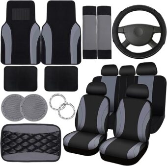 Fabbay 21 Pcs Car Seat Covers Full Set Car Floor Mats Steering Wheel Cover Armrest Cover Seat Belt Pad Seatbelt Covers Cup Mats Car Emblem Ring Sticker for Sedans Trucks SUV...