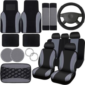 Fabbay 21 Pcs Car Seat Covers Full Set Car Floor Mats Steering Wheel Cover Armrest Cover Seat Belt Pad Seatbelt Covers Cup Mats Car Emblem Ring Sticker for Sedans Trucks SUV...