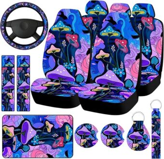 Fiada 15 Pcs Car Seat Covers Full Set Car Accessories Set Steering Wheel Cover Armrest Handbrake Gear Shift Knob Covers Headrest Cover Pads for Cars (Mushroom)