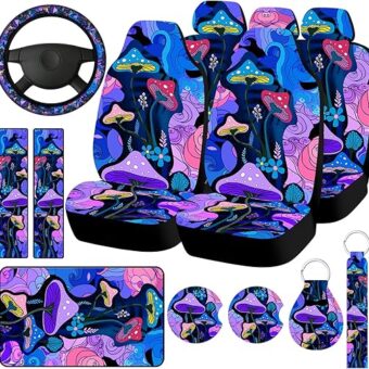 Fiada 15 Pcs Car Seat Covers Full Set Car Accessories Set Steering Wheel Cover Armrest Handbrake Gear Shift Knob Covers Headrest Cover Pads for Cars (Mushroom)