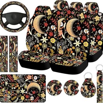 Fiada 15 Pcs Car Seat Covers Full Set Car Accessories Set Steering Wheel Cover Armrest Handbrake Gear Shift Knob Covers Headrest Cover Pads for Cars (Floral)