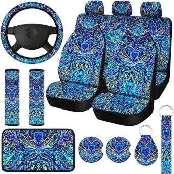 Fiada 15 Pcs Colored Heart Car Seat Covers Full Set for Women, Blue Steering Wheel Cover Shoulder Pads Armrest Pad Keychain Wrist Strap Coasters Auto Seat Universal for Vehicle...