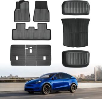 Floor Mat for Tesla Model Y 5 Seater 2024-2020 3D All Weather Floor Mats for Model Y 9PCS TPE Full Set Floor Mat for Model Y with Front Rear Cargo Liner and Seat Back Mat-5 Seater