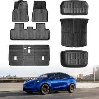 Floor Mat for Tesla Model Y 5 Seater 2024-2020 3D All Weather Floor Mats for Model Y 9PCS TPE Full Set Floor Mat for Model Y with Front Rear Cargo Liner and Seat Back Mat-5 Seater