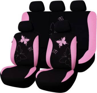 Flying Banner Butterfly car seat Covers ful Set Fashion Universal Lady Woman Female Rear Bench Split Colorized (Pink, Full Set - Lace)