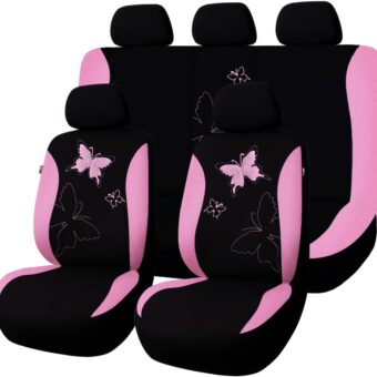 Flying Banner Butterfly car seat Covers ful Set Fashion Universal Lady Woman Female Rear Bench Split Colorized (Pink, Full Set - Lace)