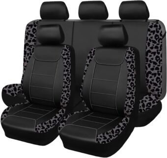 Flying Banner Carbon Fiber Leather Vehicle Seat Covers, Leopard Gray Black, Universal Fit - 8PCS