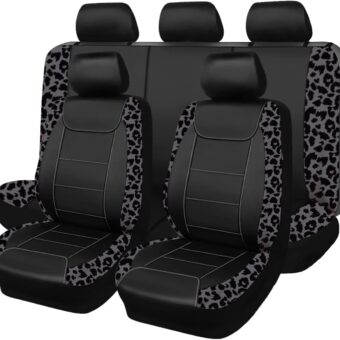 Flying Banner Carbon Fiber Leather Vehicle Seat Covers, Leopard Gray Black, Universal Fit - 8PCS