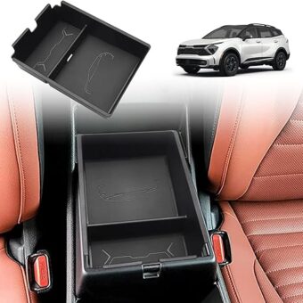 for Sportage 2023 2024 2025 Center Console Organizer with Leather Trim Console Storage Box Insert Tray Compatible with Kia Sportage 2023 NQ5 Accessories (Leather Black)