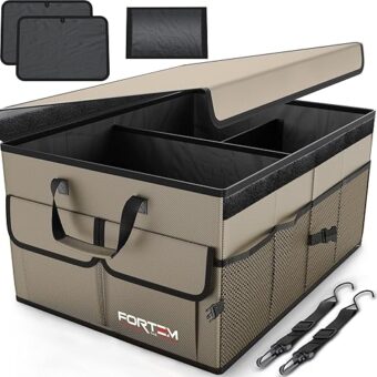 FORTEM Car Trunk Organizer, Collapsible Multi Compartment Car Organizer, Foldable SUV Storage for Car Accessories for Women Men, Non Slip Bottom, Securing Straps, Soft Cover 65L...