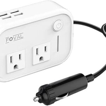 FOVAL 200W Car Power Inverter, DC 12V to 110V AC Car Outlet Adapter Plug Adapter Converter with 4 USB Ports Car Laptop Charger Power inverter for Vehicles (White)