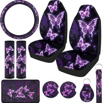 Frienda 10 PCS Car Seat Covers for Women Butterfly Car Accessories Car Interior Seat Covers with Steering Wheel Cover, Wrist Strap, Car Coasters, Armrest Pad, Shoulder Pad, Key...