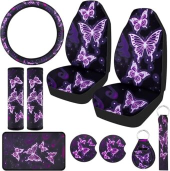 Frienda 10 PCS Car Seat Covers for Women Butterfly Car Accessories Car Interior Seat Covers with Steering Wheel Cover, Wrist Strap, Car Coasters, Armrest Pad, Shoulder Pad, Key...