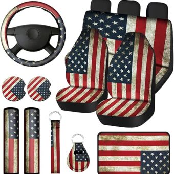 Frienda 15 Pieces American Flag Wood Deer Skull Camo Car Accessories Set 4th of July Patriotic Car Steering Wheel Cover Thickened Truck Seat Covers Keyring Car Cup Holders Seat...