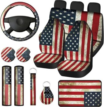 Frienda 15 Pieces American Flag Wood Deer Skull Camo Car Accessories Set 4th of July Patriotic Car Steering Wheel Cover Thickened Truck Seat Covers Keyring Car Cup Holders Seat...