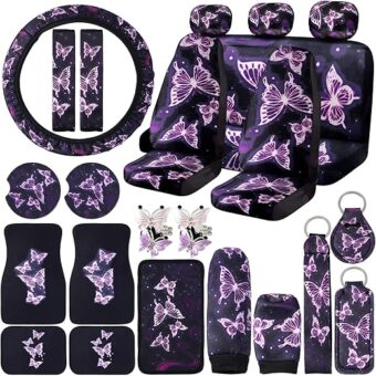 Frienda 24 PCS Butterfly Car Accessories Butterfly Car Seat Covers Full Set Car Floor Mats Steering Wheel Cover Seat Belt Pads Center Console Pad Cup Holders for Women(Purple...