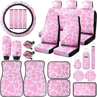 Frienda 26 PCS Cow Print Car Accessories Cow Pattern Car Seat Covers Full Set Cute Steering Wheel Cover Floor Mats Center Console Pad Cup Holders Seat Belt Pads for Women Car...