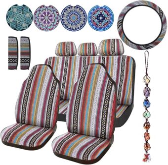 Frienda Baja Car Seat Covers Full Set Multicolor Stripe Car Seat Covers Boho Print Steering Wheel Cover Seat Belt Cover Crystal Hanging Ornament Car Holders Fits for Car(Stripe...