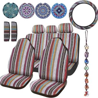 Frienda Baja Car Seat Covers Full Set Multicolor Stripe Car Seat Covers Boho Print Steering Wheel Cover Seat Belt Cover Crystal Hanging Ornament Car Holders Fits for Car(Stripe...