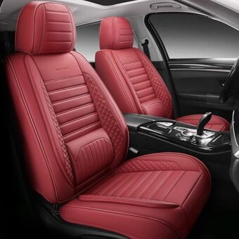 Full Coverage Leather Car Seat Covers Full Set Universal Fit for Most Cars Sedans Trucks SUVs with Waterproof Leatherette in Automotive Seat Cover Accessories (Wine Red)