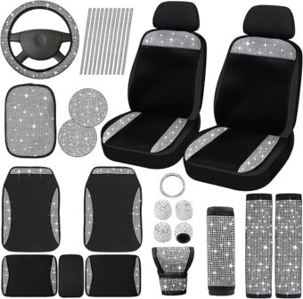 Funtery Bling Car Seat Covers Full Set Rhinestone Crystal Steering Wheel Cover Glitter Cover Cup Pad Bling Center Console Pad Diamond Car Accessories for Car Interior(Silver, 2...