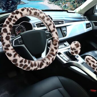 Fuzzy Steering Wheel Cover for Women Girls, Accmor Universal Fit 15 inch Fur Car Wheel Cover & Handbrake Cover & Gear Shift Cover Set, Fashion Leopard Winter Warm Fluffy Vehicle...