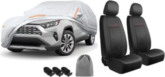 GIANT PANDA Car Cover & Leather Front Car Seat Cover 2-Pack Compatible with Toyota Rav4 2006-2024