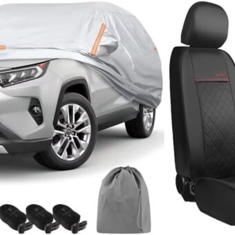 GIANT PANDA Car Cover & Leather Front Car Seat Cover 2-Pack Compatible with Toyota Rav4 2006-2024