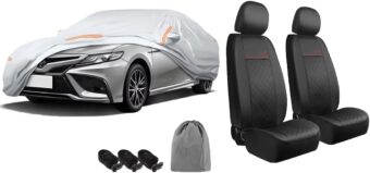 GIANT PANDA Car Cover & Leather Front Car Seat Cover 2-Pack Compatible with Toyota Camry 2018-2024 Sedan