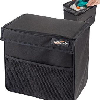 High Road TrashStand Weighted Car Trash Can with Lid and Removable Leakproof Liner - Universal Fit Behind Center Console in Back Seat - Holds 2 Gallons of Car Garbage