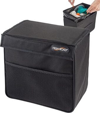 High Road TrashStand Weighted Car Trash Can with Lid and Removable Leakproof Liner - Universal Fit Behind Center Console in Back Seat - Holds 2 Gallons of Car Garbage