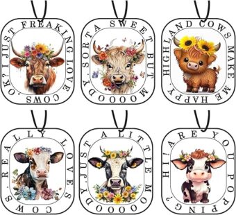 Highland Cow Car Air Fresheners, Cute Cow Print Stuff Hanging Car Accessories Merch Stuffed Animals Decor Gifts 6 Pack for Women Men Boys Girls Teen Kid Home Decorations Party...