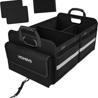 Homeve Trunk Organizer for Car, Collapsible Storage Box, Car Storage Organizer, 3 Compartment, Multi Pockets, Non Slip Strips, Adjustable Securing Straps, Black