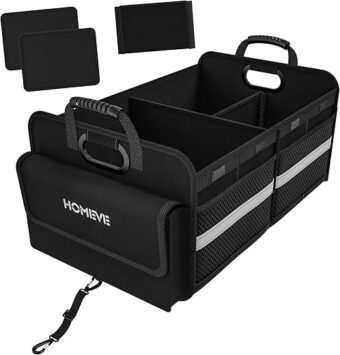 Homeve Trunk Organizer for Car, Collapsible Storage Box, Car Storage Organizer, 3 Compartment, Multi Pockets, Non Slip Strips, Adjustable Securing Straps, Black