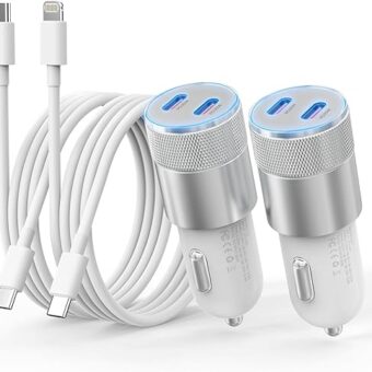 iPhone Car Charger Fast Charging [Apple MFi Certified], 60W Dual USB-C Power Cigarette Lighter Car Charger+Type-C Cable&Lightning Cable for iPhone 15 14 13 12 11 Pro Plus XS XR...