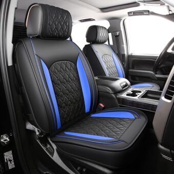 JOJOBAY Chevy Silverado Seat Covers,Leather Seat Covers for GMC Sierra,Custom Fit 2007-2024 1500 2500HD 3500HD Crew Double Extended Regular Cab,LT LZT RST(Full Set,Black Blue)