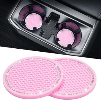 JOYTUTUS Cup Holder Coasters for Car, 2 Pack Universal Anti-Slip Car Coasters with Crystal Rhinestone, 2.75 inch PVC Cup Holder Insert Coaster, Pink Car Accessories (Pink with...