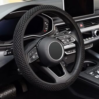 KAFEEK Elastic Stretch Steering Wheel Cover,Warm in Winter and Cool in Summer, Universal 15 inch, Microfiber Breathable Ice Silk, Anti-Slip, Odorless, Easy Carry,Black