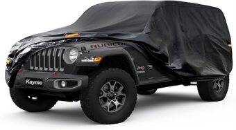 Kayme 7 Layers Car Cover Custom Fit for Jeep Wrangler 4 Dr/Unlimited 4 Door JK JL, Waterproof All Weather for Automobiles, Outdoor Full Cover Rain Sun UV Protection.Black