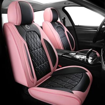 Leather Car Seat Cover Full Set Seat Cover for Cars Front and Rear Seat Protector Automotive Vehicle Seat Cover Universal fit Most Cars(Black&Pink, Full Set)