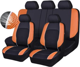 Leather Car Seat Covers, 3D Air Mesh Universal Seat Cover Full Set for Truck,Suvs,Sedans,Breathable Faux Leather with Airbag(Black and Orange)