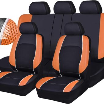 Leather Car Seat Covers, 3D Air Mesh Universal Seat Cover Full Set for Truck,Suvs,Sedans,Breathable Faux Leather with Airbag(Black and Orange)